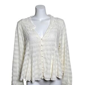 By Anthropologie Long Sleeve Button Front Textured Blouse Womens Size L Ivory